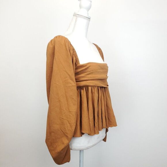 Free People Gigi Long Sleeve Square Neck Smocked Peplum Boho Top - Picture 6 of 13